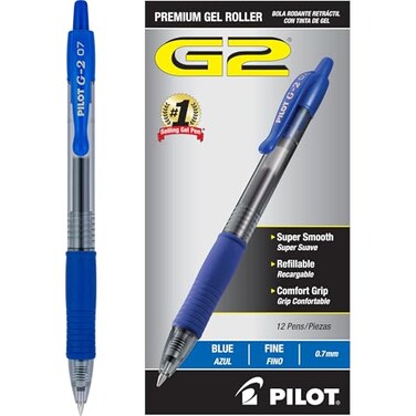 Pilot G2 Premium Gel Roller Pens Fine Point 07 mm Blue Ink Pens Fine Point Pack of 12 Ideal for School Journaling and Office Writing