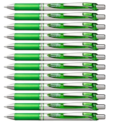 Pentel EnerGel RTX Retractable Liquid Gel Pen 07mm Metal Tip Medium Line Lime Green Ink Box of 12 BL77K