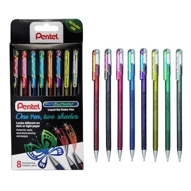 Pentel Hybrid Dual Metallic Liquid Gel Roller Pen YK1108M Pack of 8 Pens in 16 Shimmering Metallic Colours
