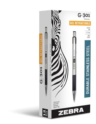 Zebra Pen G301 Retractable Gel Pen 07mm Medium Point Stainless Steel Barrel Textured Grip Easy Glide Ink Provides a Smooth and Skipless Writing Experience Black Ink 12Pack 41310
