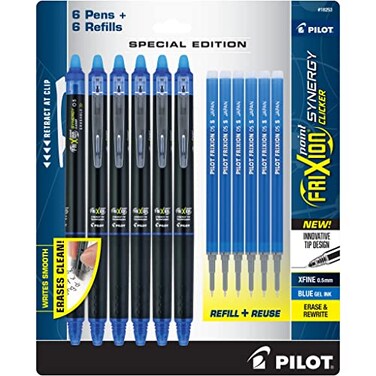 PILOT Frixion Synergy Clicker Erasable Pens Retractable and Refillable 05mm Extra Fine Point 6 Pack of Blue Ink Pens 6 Refills