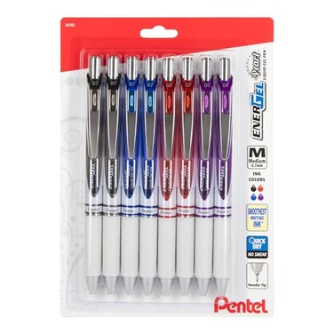 Pentel EnerGel Pearl Retractable Liquid Gel Pen Needle Tip 07mm Medium Line Assorted Ink 8Pk BLN77WBP8M