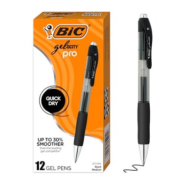 BIC Gelocity Pro Retractable Gel Pen with 07 mm Medium Point 12Count in Black Ink for Smooth Writing