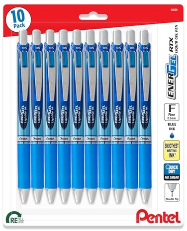 Pentel Energel 05 mm Blue Needle Tip Fine Point Pens Pack of 10 Retractable Liquid Gel Ink Pens