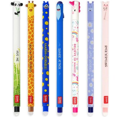Legami Set of 7 Erasable Gel Pens with Thermosensitive Erase Ink Range of ink colours barrel designs 07mm Tip Animal Designs