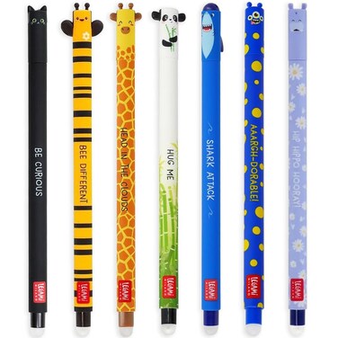 LEGAMI Set of 7 Erasable Gel Pens with Thermosensitive Erase Ink Range of ink colours barrel designs 07mm Tip Cat Bee Corgi Giraffe Panda Shark Hippo Designs