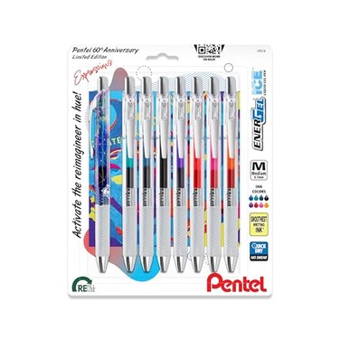 Pentel EnerGel Expressions 60th Anniversary Limited Edition Pack ICE Liquid Gel Pens 07mm Medium Line Assorted Ink Colors Pack of 8 BL77TLABP8M
