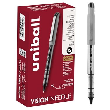 Uni-Ball uniball Vision Needle Rollerball Pens Fine Point 07mm Black 12 Pack