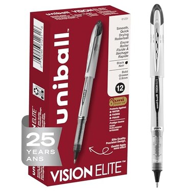 Uni-Ball uniball Vision Elite Rollerball Pens Bold Point 08mm Black 12 Pack