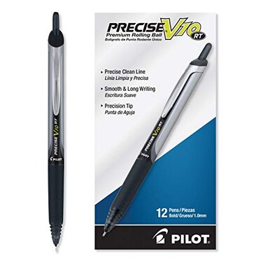 Pilot Precise V10 RT Refillable Retractable Rolling Ball Pens Bold Point Black Ink 10mm 12Pack