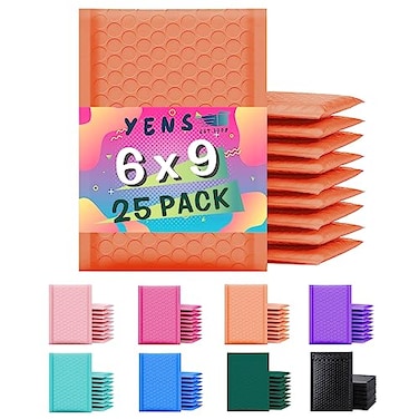 Yens Poly Bubble Mailers 6x10 25 Pack Orange Waterproof Self Seal Adhesive Shipping Bags Cushioning Padded Envelopes for Shipping Mailing Packaging Usable 6x9
