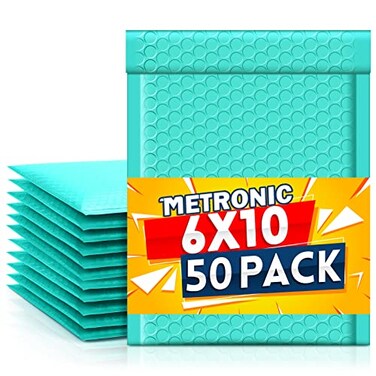 Metronic Bubble Mailers 6x10 Inch 50 Pack Usable Size 6x9 Teal Padded Envelopes Waterproof Bubble Envelopes Self Seal Adhesive for Jewelry Makeup Shirts Small Item