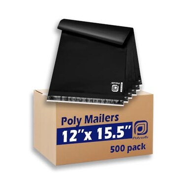 POLYSELLS 500 pcs 12x155 Inches Black Poly Mailers Shipping Envelopes Strong Adhesive Sealing Waterproof and Tearresistant Postal Mailing Bags for Clothing Books and Accessories