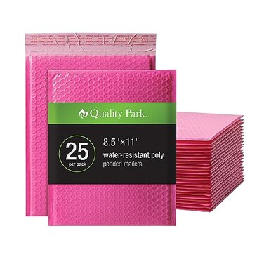 Quality Park Bubble Mailers 85 x 11 Shipping Envelopes Water Resistant Pink Poly Padded Envelopes RediStrip Peel Off Closure 25Box QUA85861