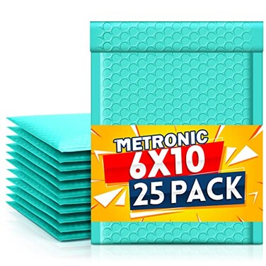 Metronic Bubble Mailer 6x10 Inch 25 Pack Usable Size 6x9 Teal Padded Envelopes Waterproof Cushioning Self Seal Adhesive Padded Mailers for Packaging Shipping Bubble Envelopes for Small Business