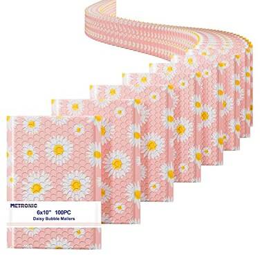 Metronic Bubble Mailers 6x10 Inch 100 Pack Pink Bubble Mailer Usable Size 6x9 SelfSeal Adhesion Padded Envelopes Pretty Padded Mailers for Jewelry Makeup Cards Fancy Daisies