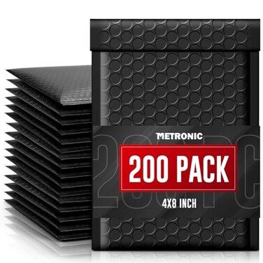 METRONIC Bubble Mailers 4x8 Inch 200 Pack Padded Envelopes Usable Size 4x7 Waterproof Black Padded Mailer Self Seal Adhesive Bubble Envelopes for Shipping Jewelry Makeup Small Business