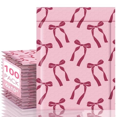 Fuxury Bubble Mailers 6x10 Padded Envelopes 100 Pack Pink Bows Cute Design Bubble Envelopes Usable Size 6x9 Strong Adhesion Pattern Shipping Envelopes Thick Padded Mailer for Mailing Jewelry Makeup