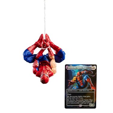 Marvel Legends Series Magic The Gathering BattleDamaged SpiderMan 6Inch Action Figure Toy Exclusive Foil Collectible Card Game Trading Card