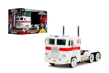 Jada Transformers G1 Optimus Prime Big Rig with Ghostbusters Ecto1 Graphics DieCast Vehicle 124 Scale Opening Doors Hood Trunk Rubber Tires Ages 8 WhiteGreen