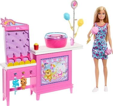 Barbie Mysteries Beach Detectives Malibu Doll Cotton Candy Game Booth Playset with 20 Accessories Including Prizes