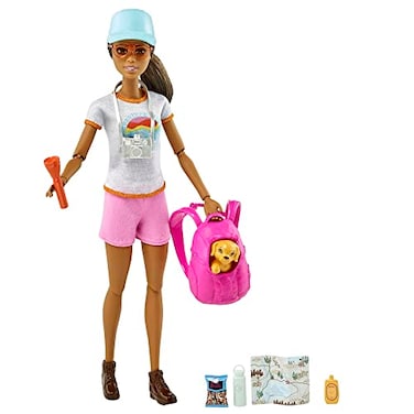 Barbie SelfCare Doll Brunette Posable Hiking Doll with Puppy Accessories Including Backpack Pet Carrier Camera