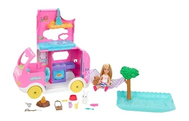 Barbie Camper Chelsea 2in1 Playset with Small Doll 2 Pets 15 Accessories Vehicle Transforms into Camp Site