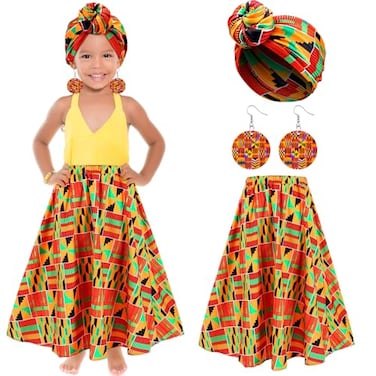 Tarpop 3 Pcs Girl African Outfits Dashiki Ankara African Attire Maxi Dashiki Skirt Toddler Kid Boho Head Wrap Dangle Earring910 Years