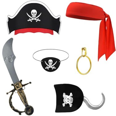 FUEAWIM 6 Pcs Pirate Accessories Include Pirate Headband Hat Eye Patch Hook Costume Accessories Halloween Priate Party Supplies