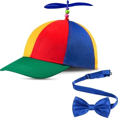 Sintege Propeller Top Hat Rainbow Nerd Silly Twirly Cap Helicopter Hat with Spinner and Adjustable Bowtie for CostumesBlue2 Pieces
