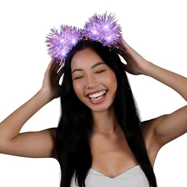 FlashingBlinkyLights StillLight Sparkle Iridescent Pom Ears Light Up Party Headband