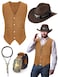 Cutecrop 4 Pcs Western Cowboy Outfits for Men Suede Leather Vest Hat Bolo Tie Belt for Western Halloween CosplayMediumBrown