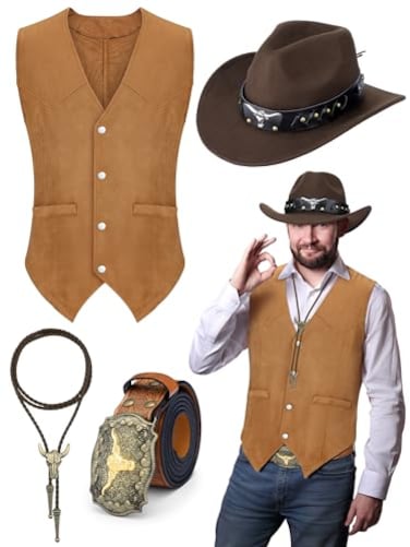 Cutecrop 4 Pcs Western Cowboy Outfits for Men Suede Leather Vest Hat Bolo Tie Belt for Western Halloween CosplayMediumBrown