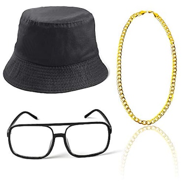 Beelittle 80s90s Hip Hop Costume Old Style Cool Rapper Outfits Bucket Hat Oversized Black Sunglasses Gold Plated Chain A