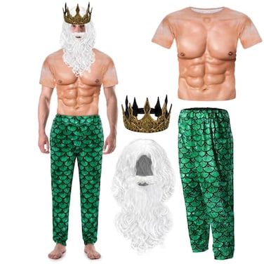 Cutecrop 4 Pcs Halloween Poseidon Costume Neptune Merman Trick or Treat Kit Sea Cosplay for Grandpa MenGreenMedium