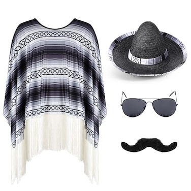 Yahenda 4 Pcs Colrful Costume Set for Adults Include Colrful Serape Poncho Sombrero Sunglasses MoustacheNovelty
