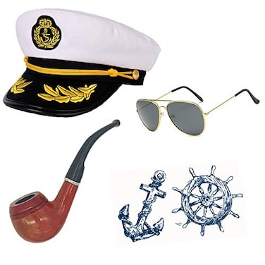 Feacole Sailor Ship Yacht Boat Captain Hat Costume Accessories Sailor CapWooden PipeAviator Sunglasses White