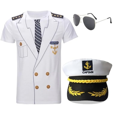 Gionforsy Captain Sailor Costume Set Captain Shirt Hat Accessory Set for Costume Party Cosplay Halloween White Medium