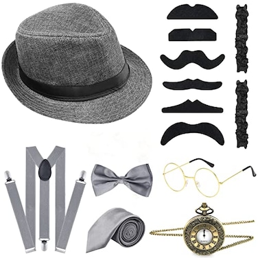 ELECLAND 10 Pieces 1920s Men Costume Accessories Set Roaring Retro Gangster Costume