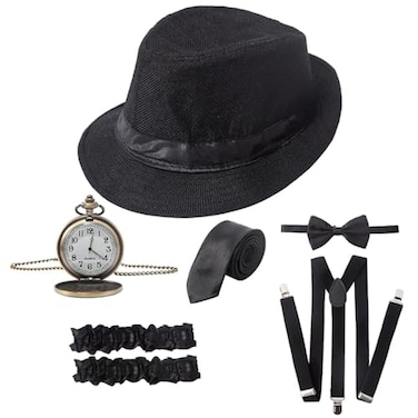 RAINDEWLL 1920s Accessories for Men 20s Gatsby Gangster Costume Accessories Set Fedora Hat Suspenders Black