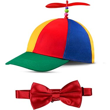 Sintege 2 Pcs Propeller Top Hat Rainbow Nerd Silly Twirly Cap Helicopter Hat with Spinner and Adjustable Bowtie for Costumes Red