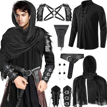 Fasouna 7 Pcs Mens Renaissance Costume Set Medieval Pirate Shirt Viking Shawl Belt Shoulder Armor Sword Bag Cosplay Medium