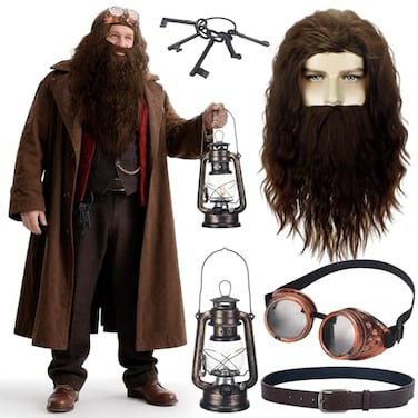 CraftyDream 5 Pcs Wizard Party Costume Halloween Cosplay Wizard Brown Wig and Beard Retro Steampunk Goggles Glasses for Men Halloween