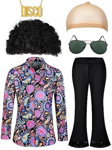 Mepase 6 Pcs Men 70s Disco Costumes Include Retro Shirt Bell Bottom Pants Sunglasses Necklace for Disco PartyXLarge