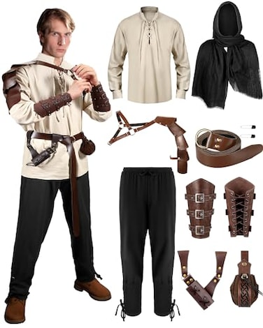 Panitay 8 Pcs Mens Renaissance Costume Set Halloween Medieval Viking Shirt Pant Belt Cape Bracer Sword BagMediumClassic Color