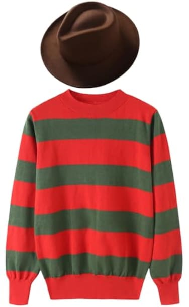 eforpretty Mens Halloween Costume 2025 Knitted Sweater with Brown Hat and Leather Glove SetL