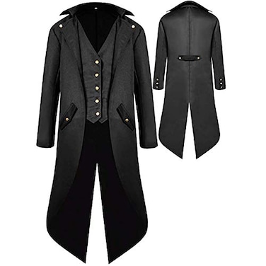 BITSEACOCO Mens Gothic Medieval Tailcoat Jacket Steampunk Vintage Victorian Frock High Collar CoatSBlack