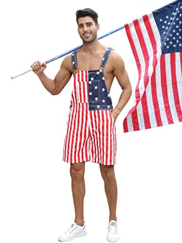 Kidsonny Mens American Flag Overalls Denim Bib Overalls Adjustable Straps Jumpsuit Jeans Romper with Pockets