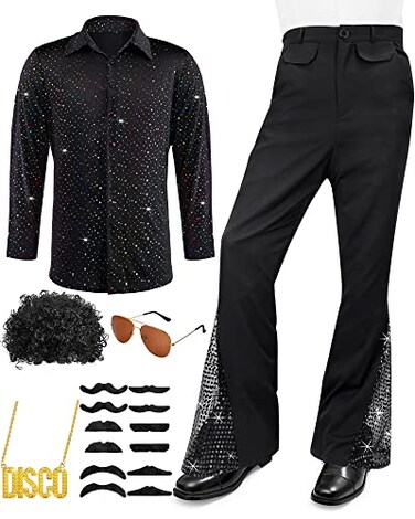 Mepase 6 Pcs Mens 70s Disco Outfits Retro New Year Eve Couples Halloween 80s Costume with Bell Bottom PantsMediumBlack