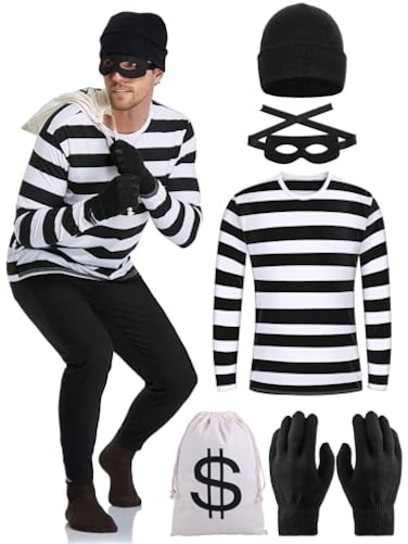 URATOT Halloween Robber Costume Set Include Striped Long Sleeve Tshirt Knit Cap Gloves Canvas Bags and Eye Mask
